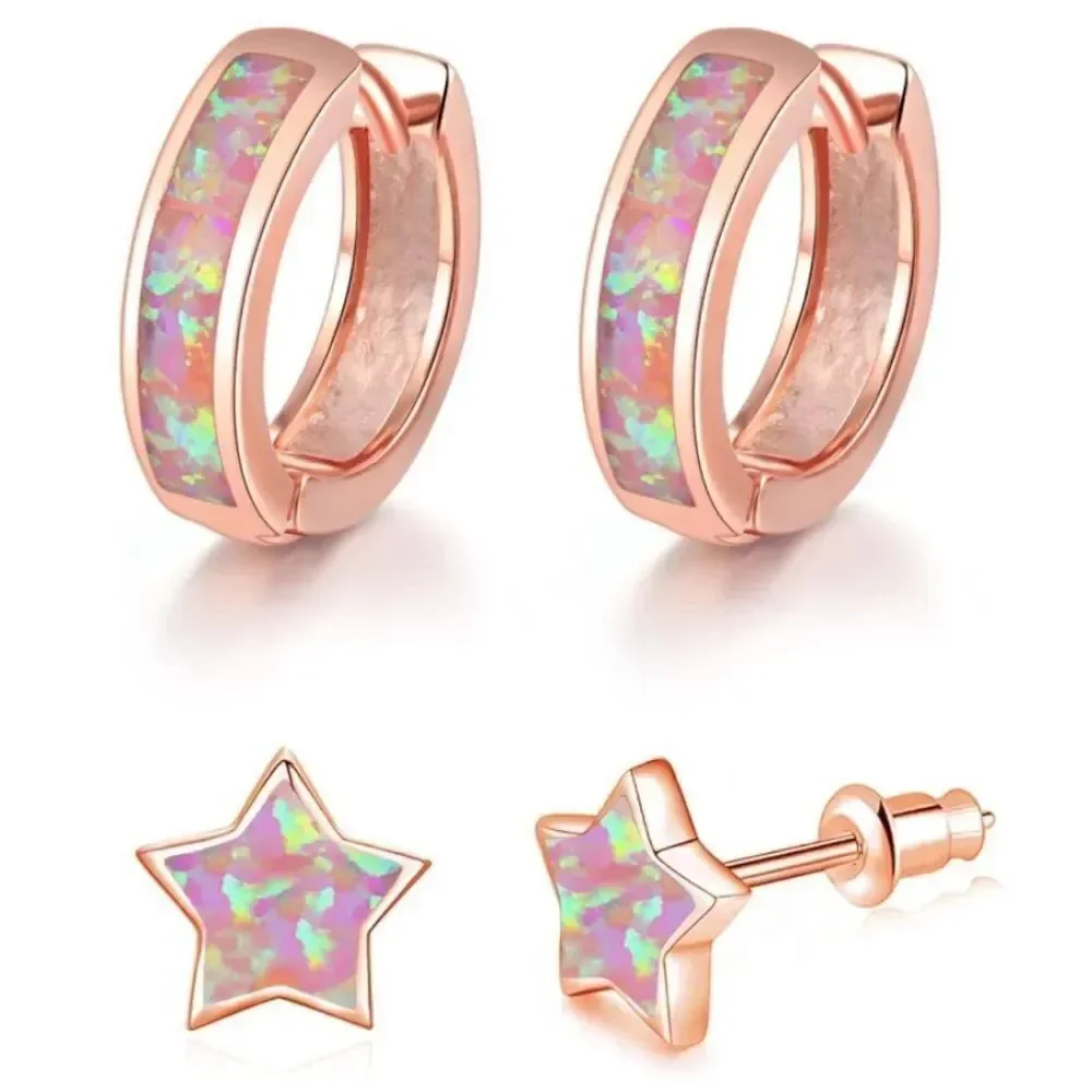 14K Rose Gold with Genuine Pink Fire Opal Huggie and Star Stud Earrings Set of 2